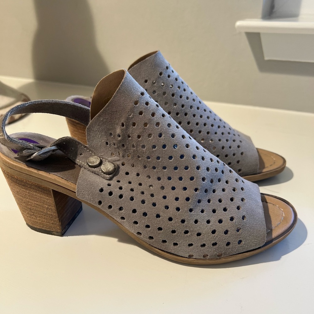 Grey suede sling back peep toe